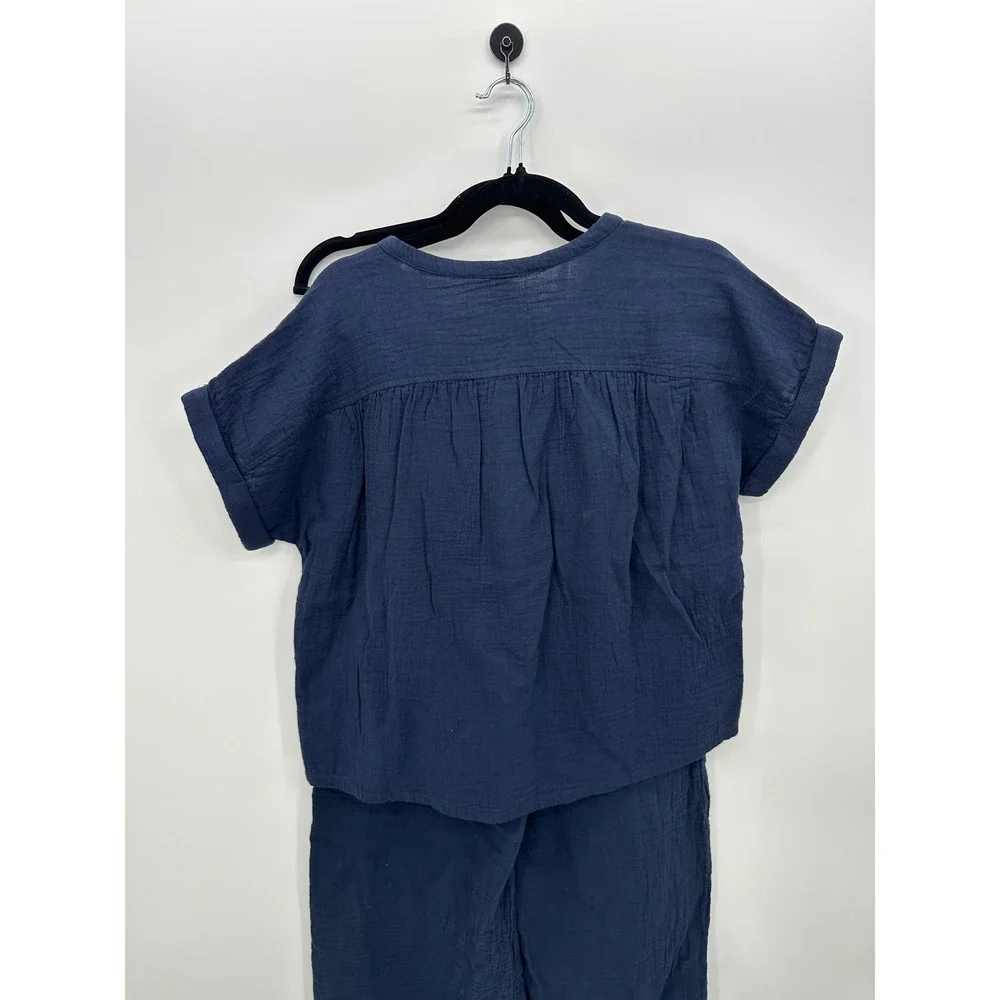 Pact Womens Navy Blue Coastal Double Gauze Set Wide Leg Popover Sustainable